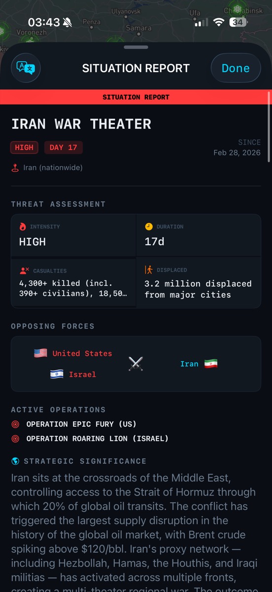 Iran War Theater situation report with threat assessment